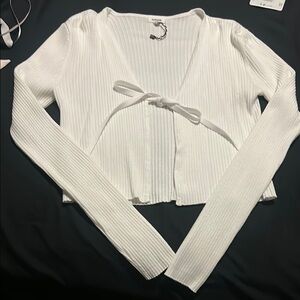 White Ribbed Long Sleeve Cardigan